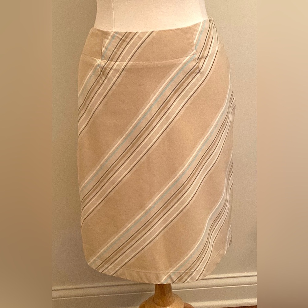 Liz Claiborne LizSport Petite Tan Blue Striped 6P Preppy Coastal Grandma Skirt